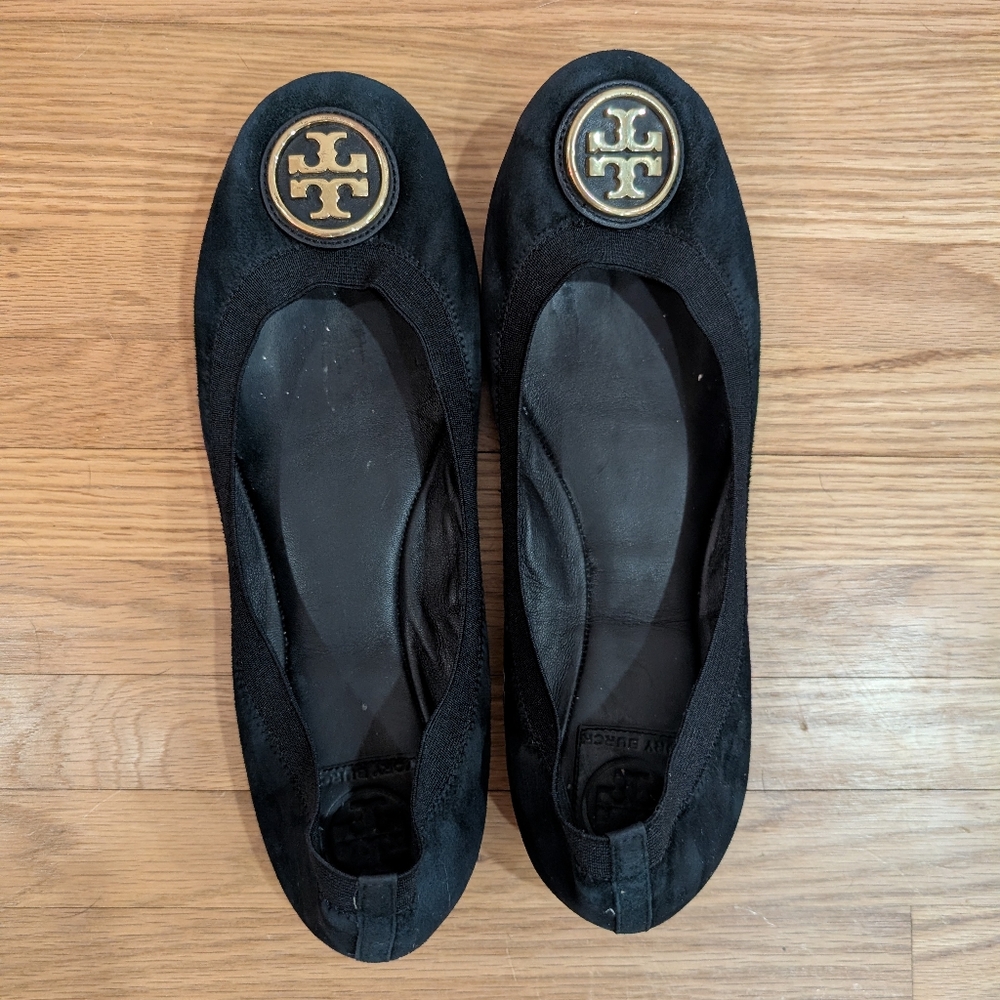 Tory Burch Suede Ballet Flats Logo Detail 10.5